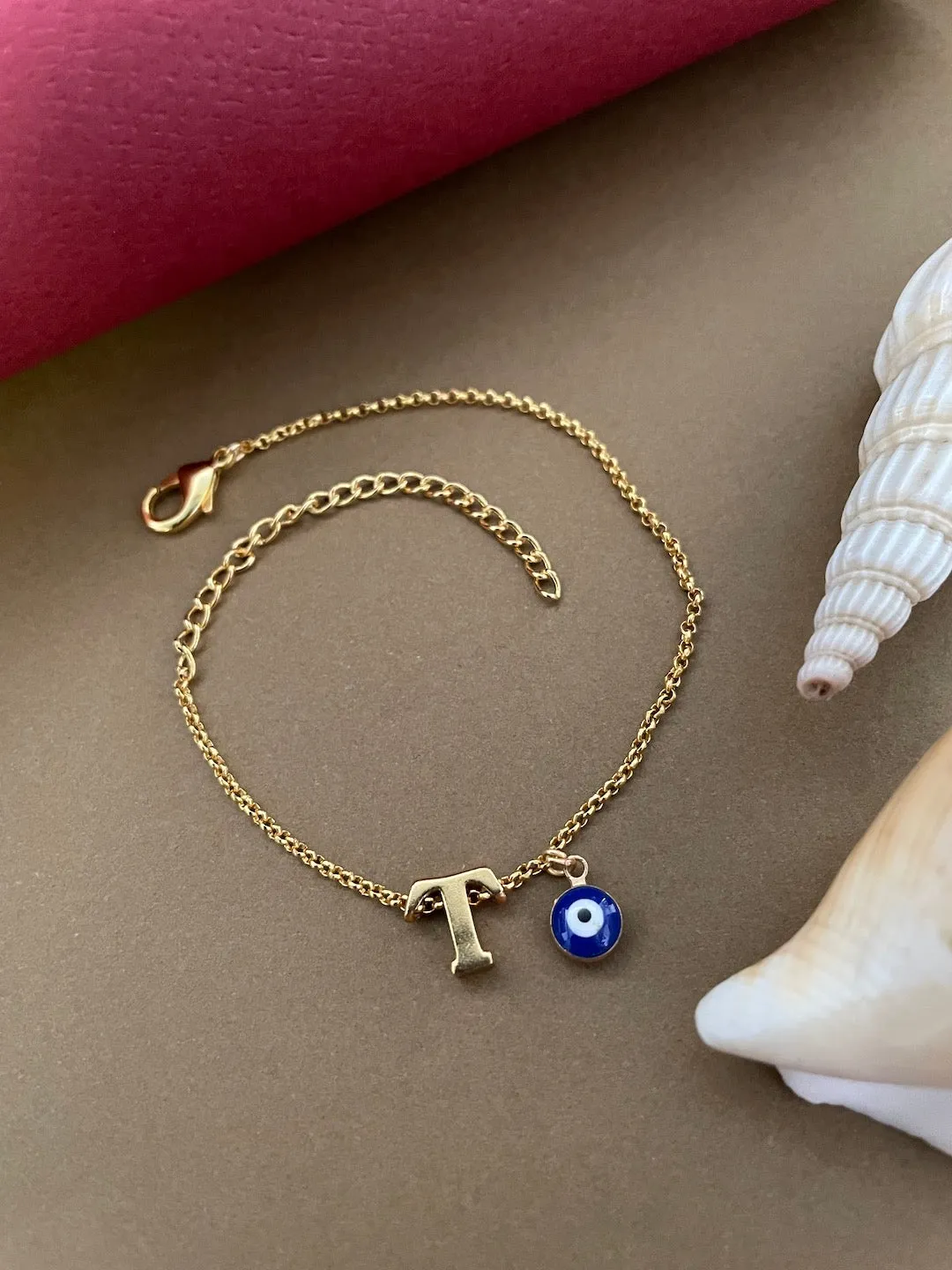 Name Initial Letter Bracelet With Blue Evil Eye Charm