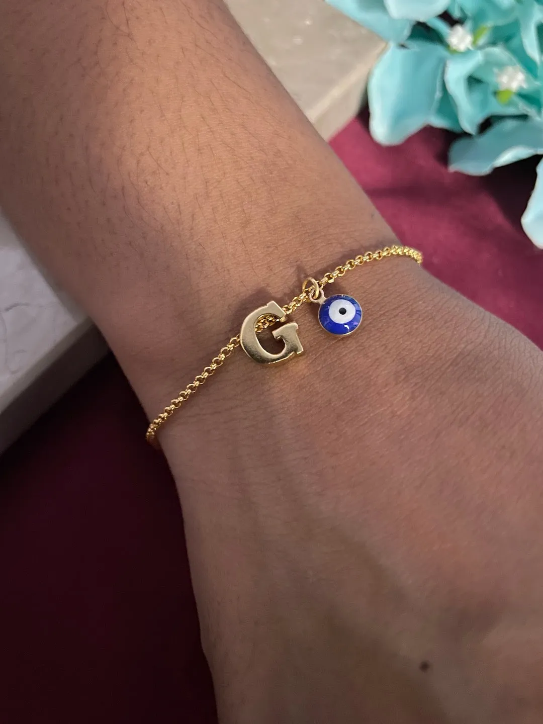 Name Initial Letter Bracelet With Blue Evil Eye Charm