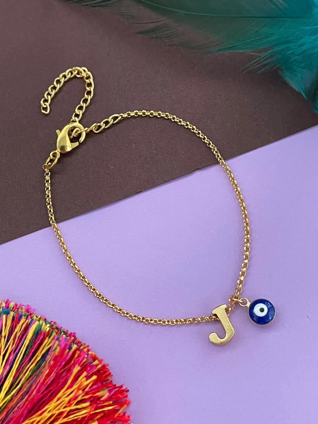Name Initial Letter Bracelet With Blue Evil Eye Charm