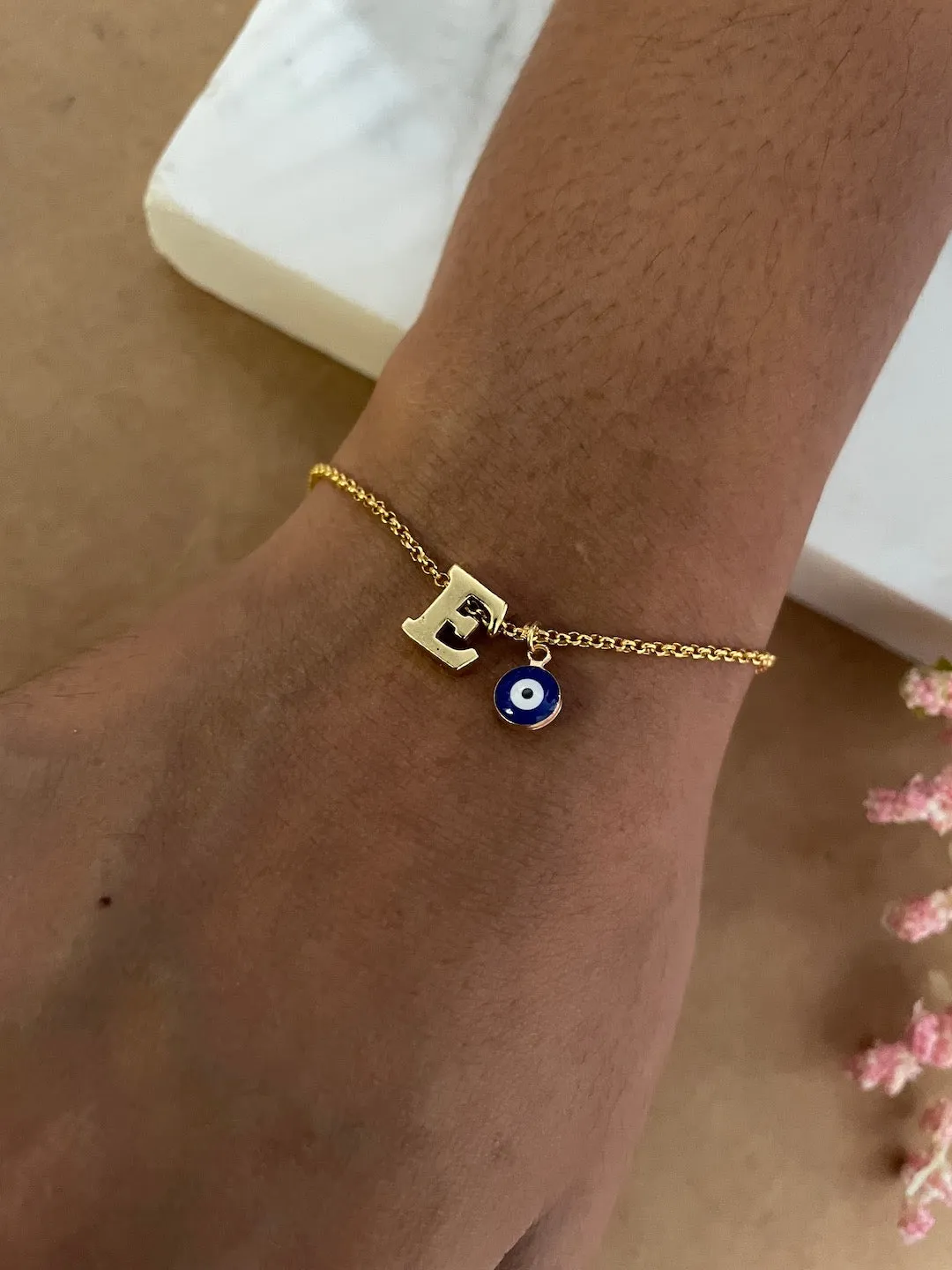 Name Initial Letter Bracelet With Blue Evil Eye Charm