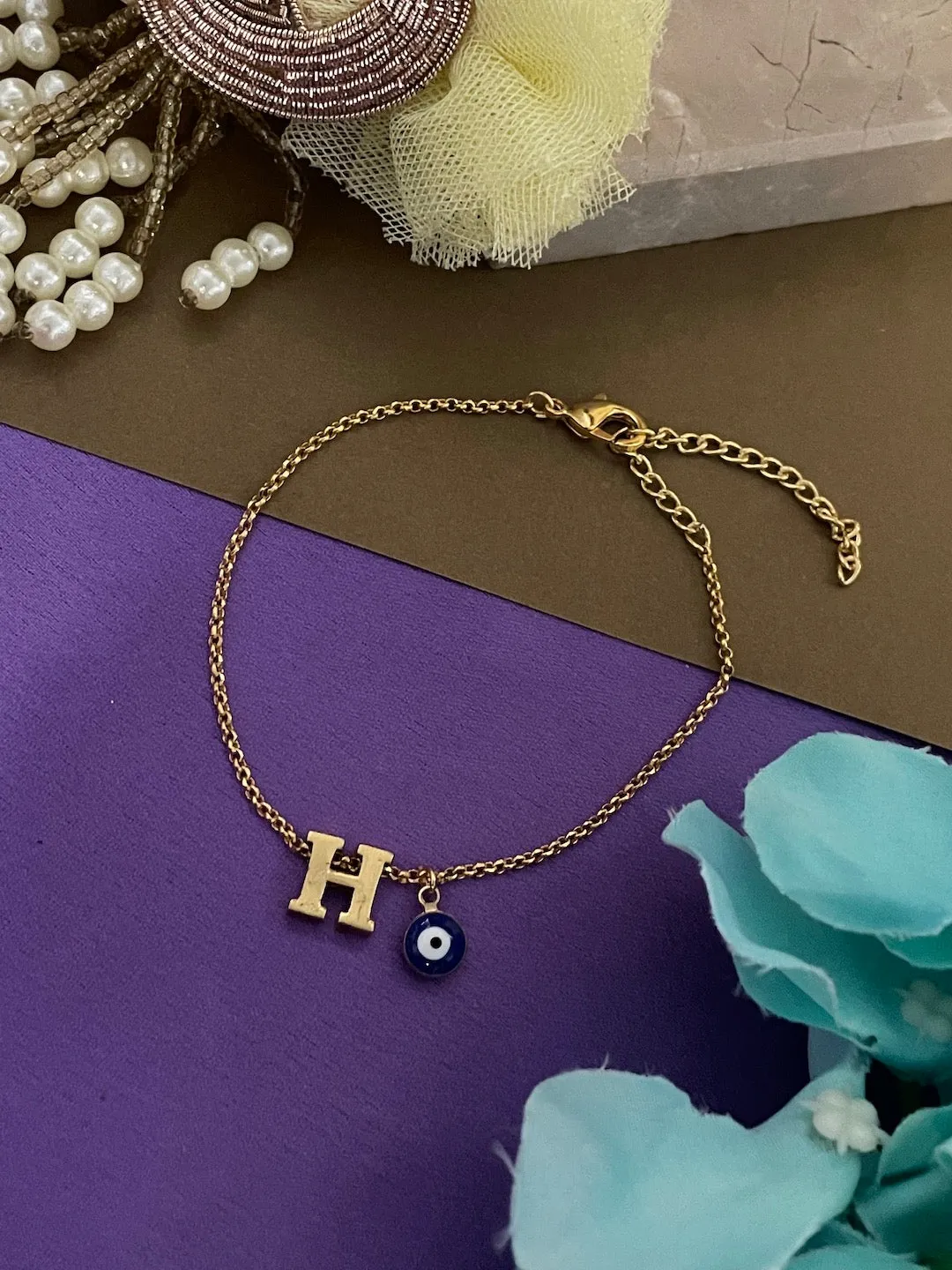 Name Initial Letter Bracelet With Blue Evil Eye Charm