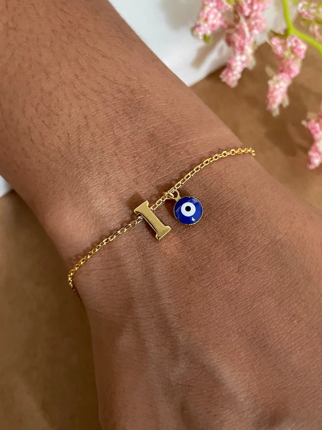Name Initial Letter Bracelet With Blue Evil Eye Charm