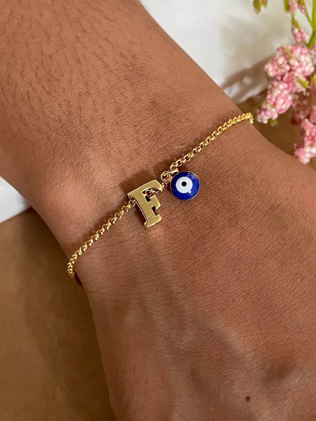 Name Initial Letter Bracelet With Blue Evil Eye Charm