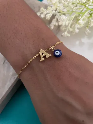 Name Initial Letter Bracelet With Blue Evil Eye Charm