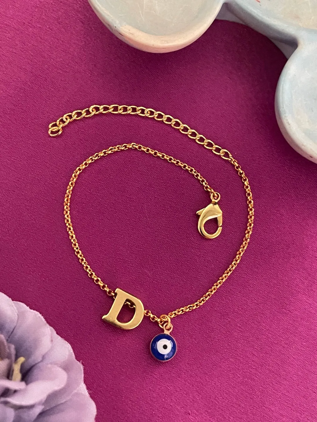 Name Initial Letter Bracelet With Blue Evil Eye Charm