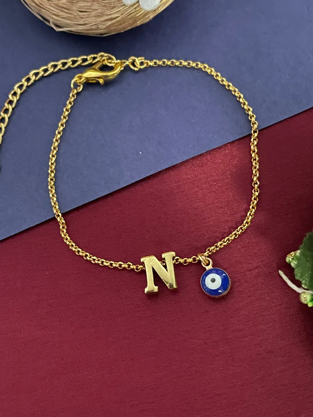 Name Initial Letter Bracelet With Blue Evil Eye Charm