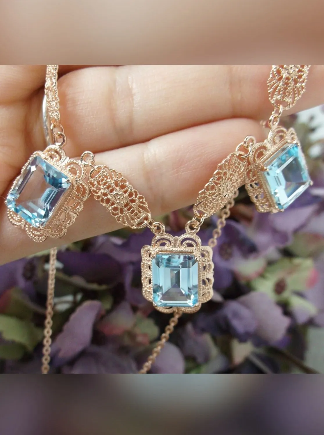 Natural Blue Topaz Festoon Necklace, Rose Gold plated Triple Gem Antique Style, Vintage Jewelry, P8