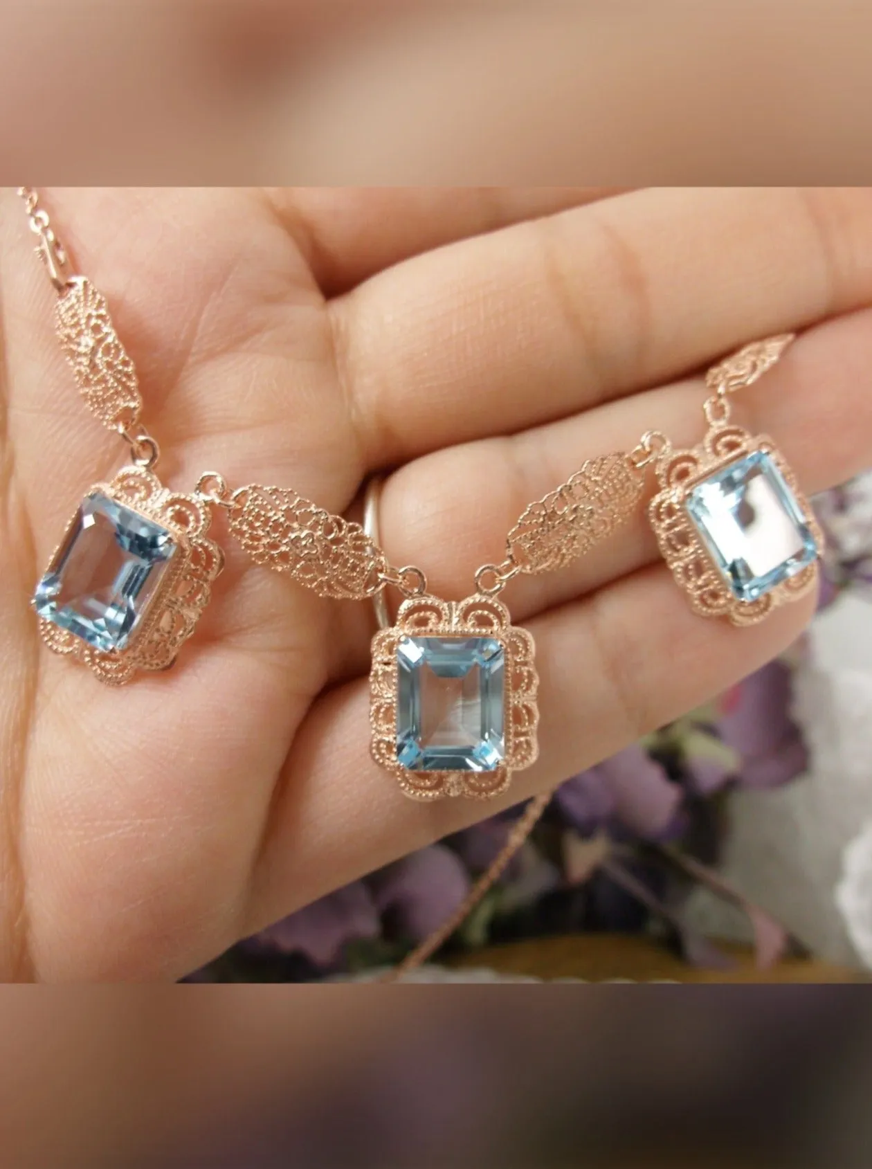 Natural Blue Topaz Festoon Necklace, Rose Gold plated Triple Gem Antique Style, Vintage Jewelry, P8