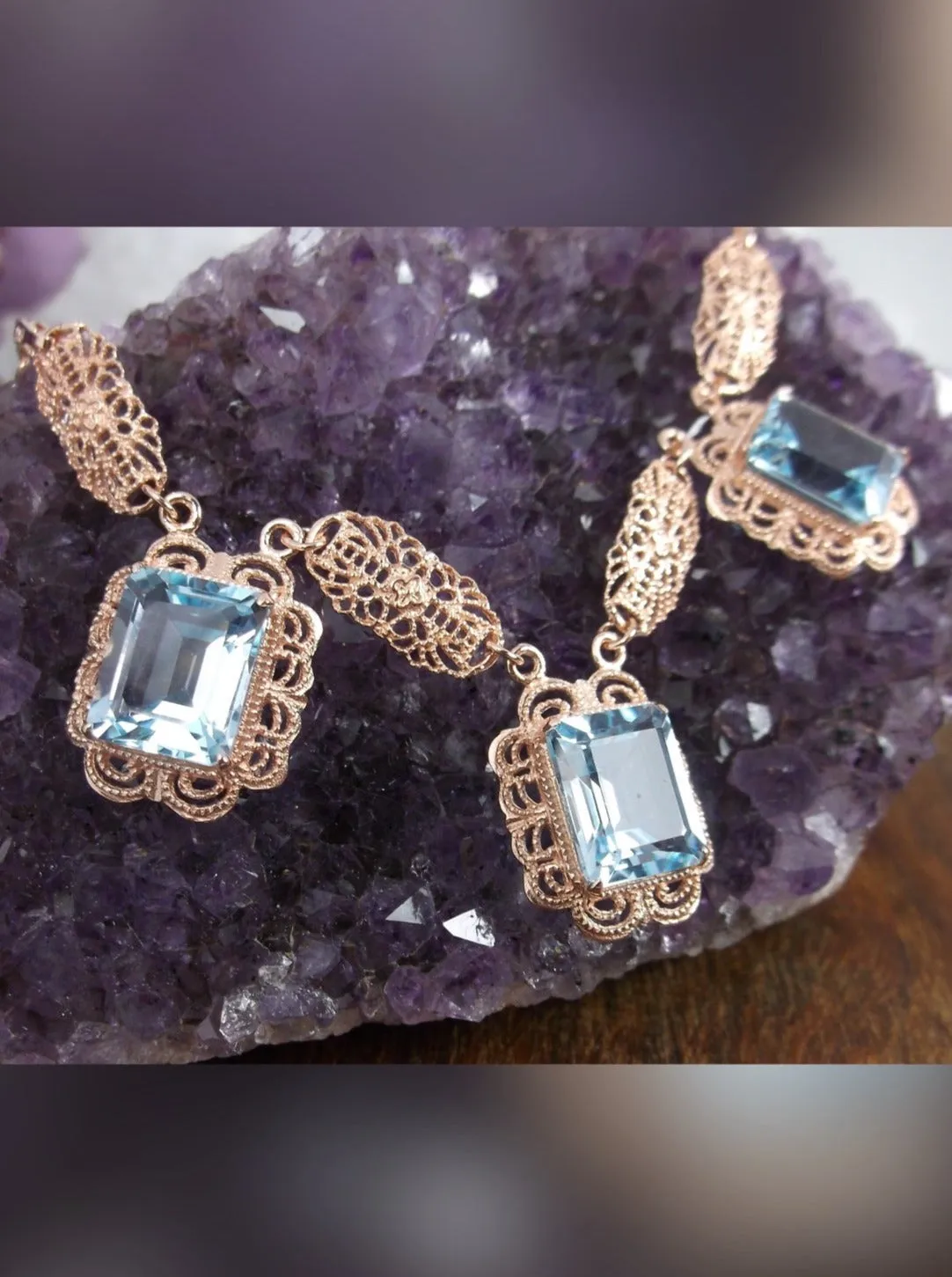 Natural Blue Topaz Festoon Necklace, Rose Gold plated Triple Gem Antique Style, Vintage Jewelry, P8