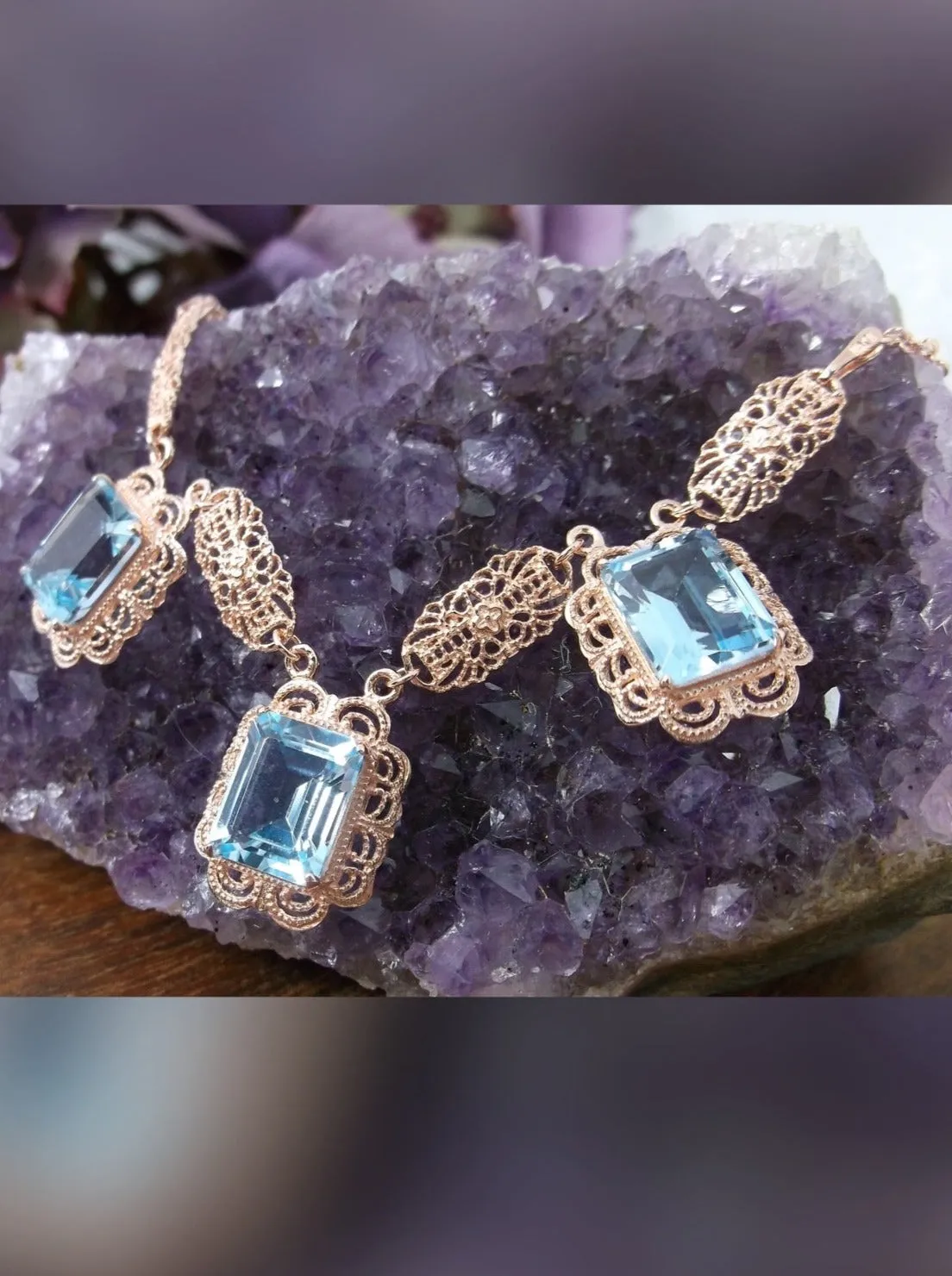 Natural Blue Topaz Festoon Necklace, Rose Gold plated Triple Gem Antique Style, Vintage Jewelry, P8