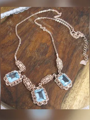 Natural Blue Topaz Festoon Necklace, Rose Gold plated Triple Gem Antique Style, Vintage Jewelry, P8