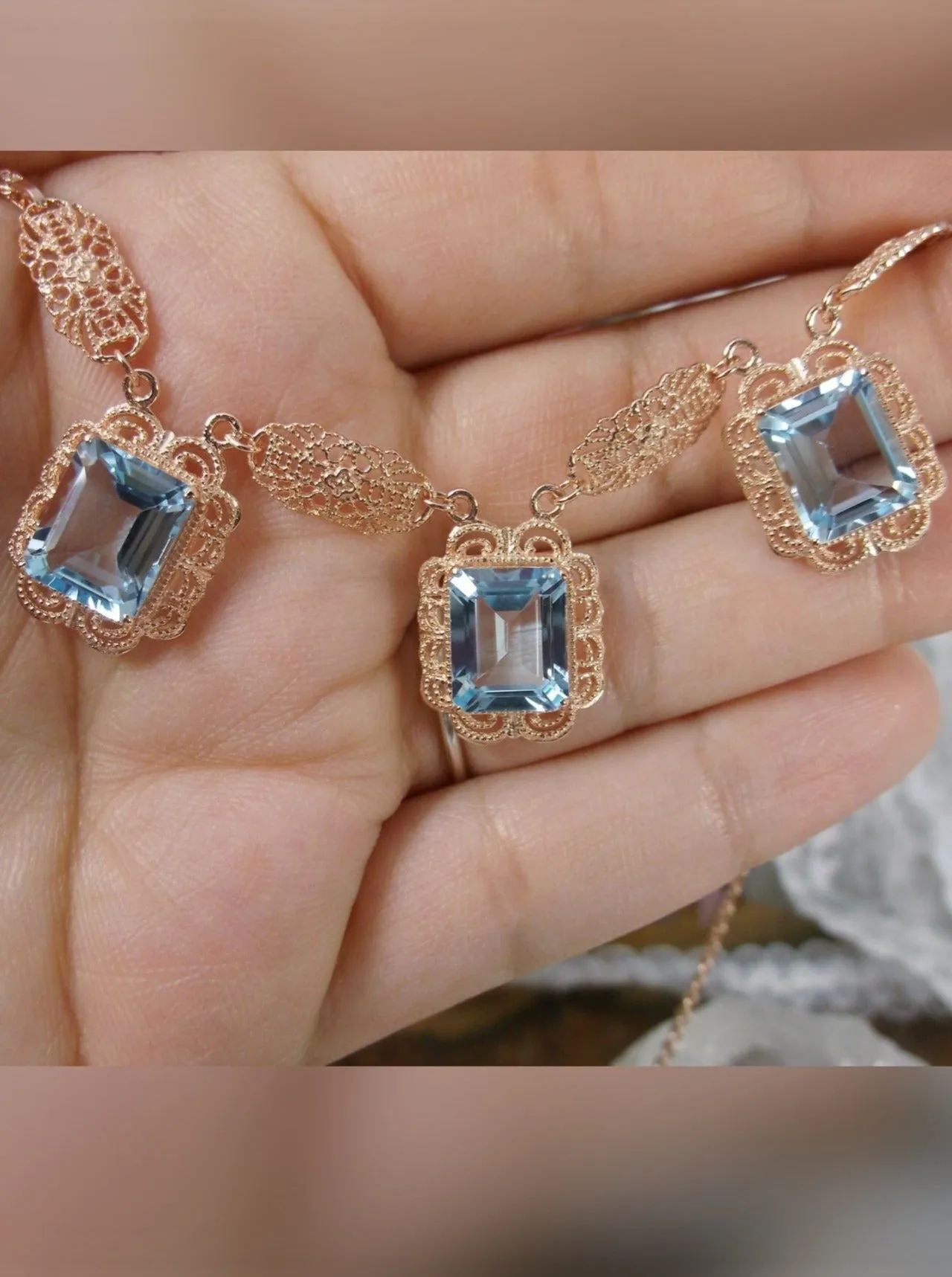 Natural Blue Topaz Festoon Necklace, Rose Gold plated Triple Gem Antique Style, Vintage Jewelry, P8