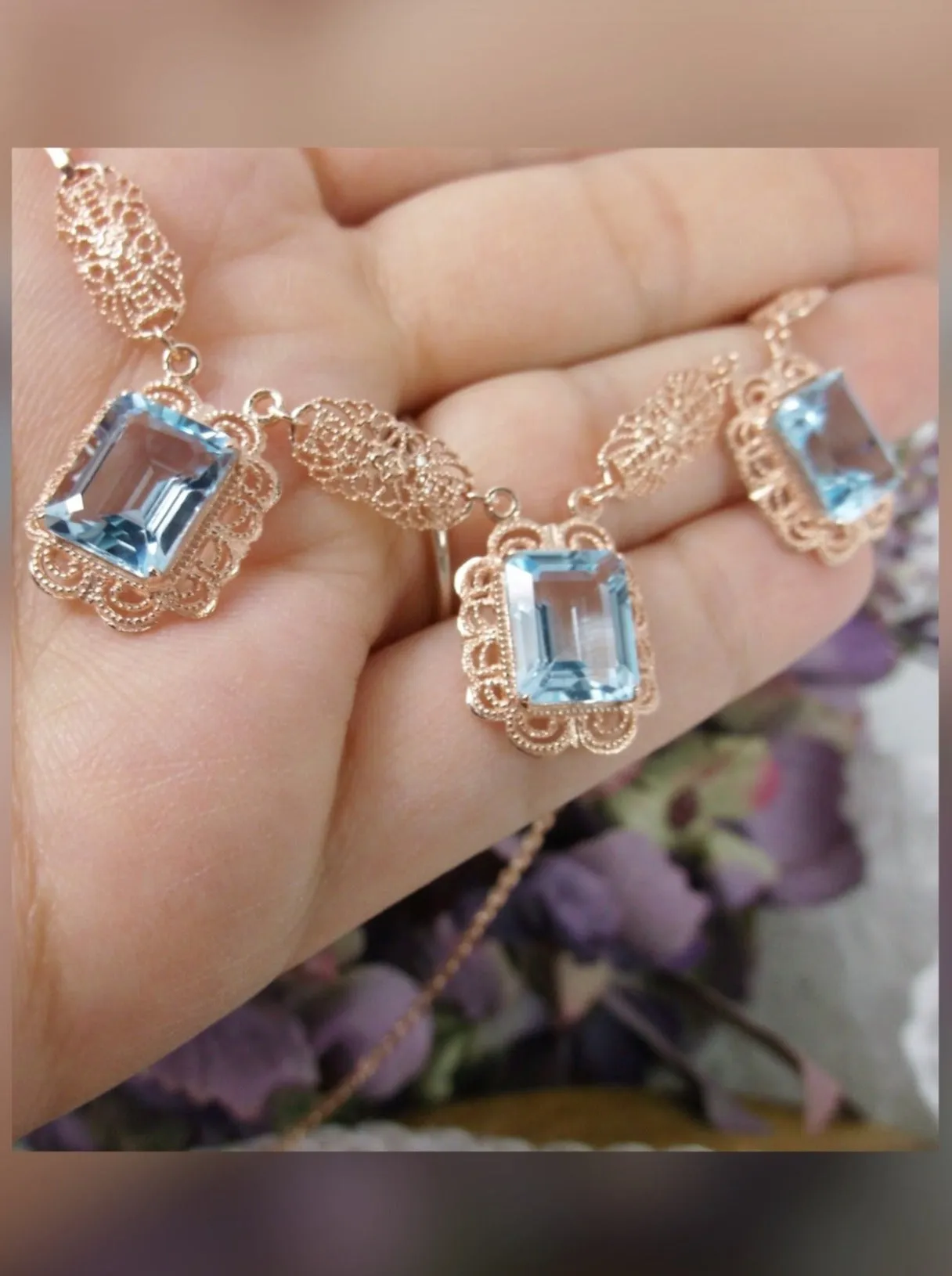 Natural Blue Topaz Festoon Necklace, Rose Gold plated Triple Gem Antique Style, Vintage Jewelry, P8