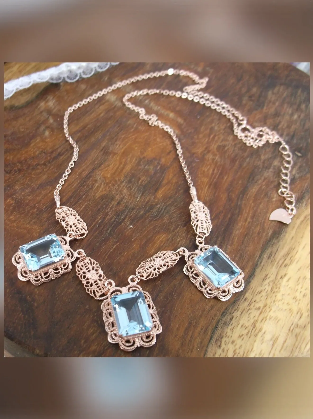 Natural Blue Topaz Festoon Necklace, Rose Gold plated Triple Gem Antique Style, Vintage Jewelry, P8