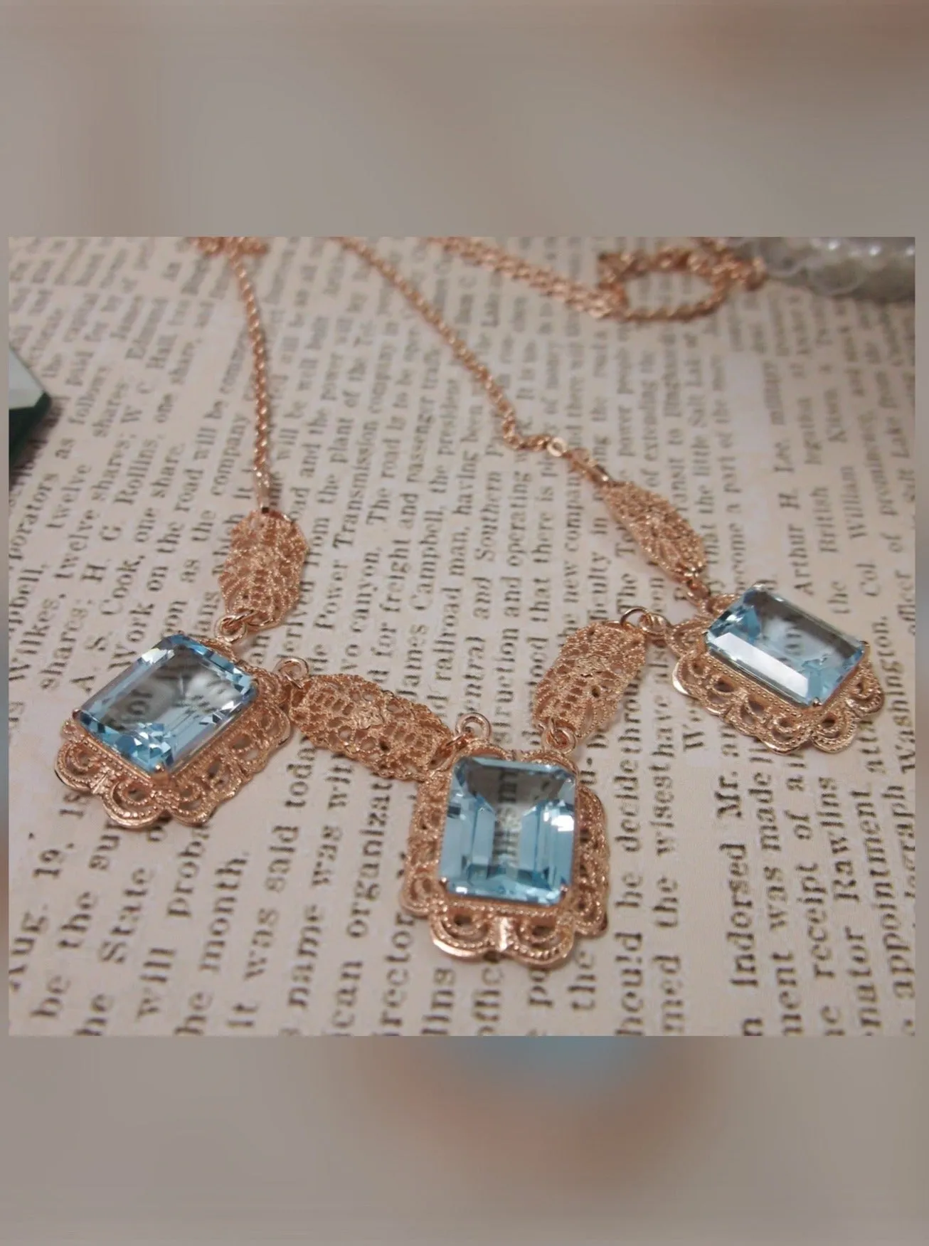 Natural Blue Topaz Festoon Necklace, Rose Gold plated Triple Gem Antique Style, Vintage Jewelry, P8