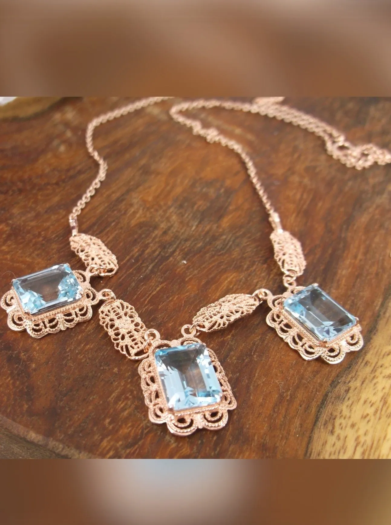 Natural Blue Topaz Festoon Necklace, Rose Gold plated Triple Gem Antique Style, Vintage Jewelry, P8