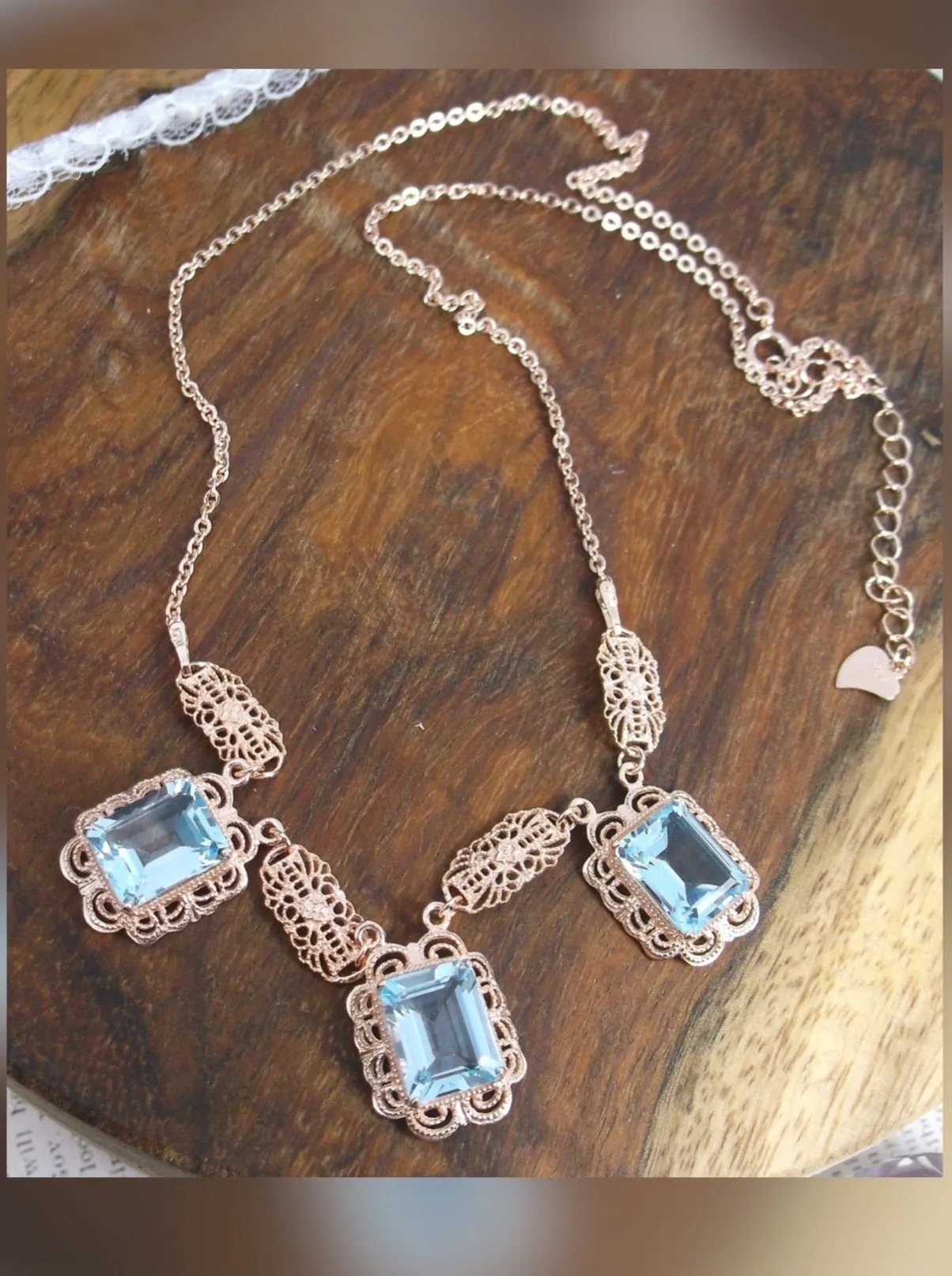 Natural Blue Topaz Festoon Necklace, Rose Gold plated Triple Gem Antique Style, Vintage Jewelry, P8