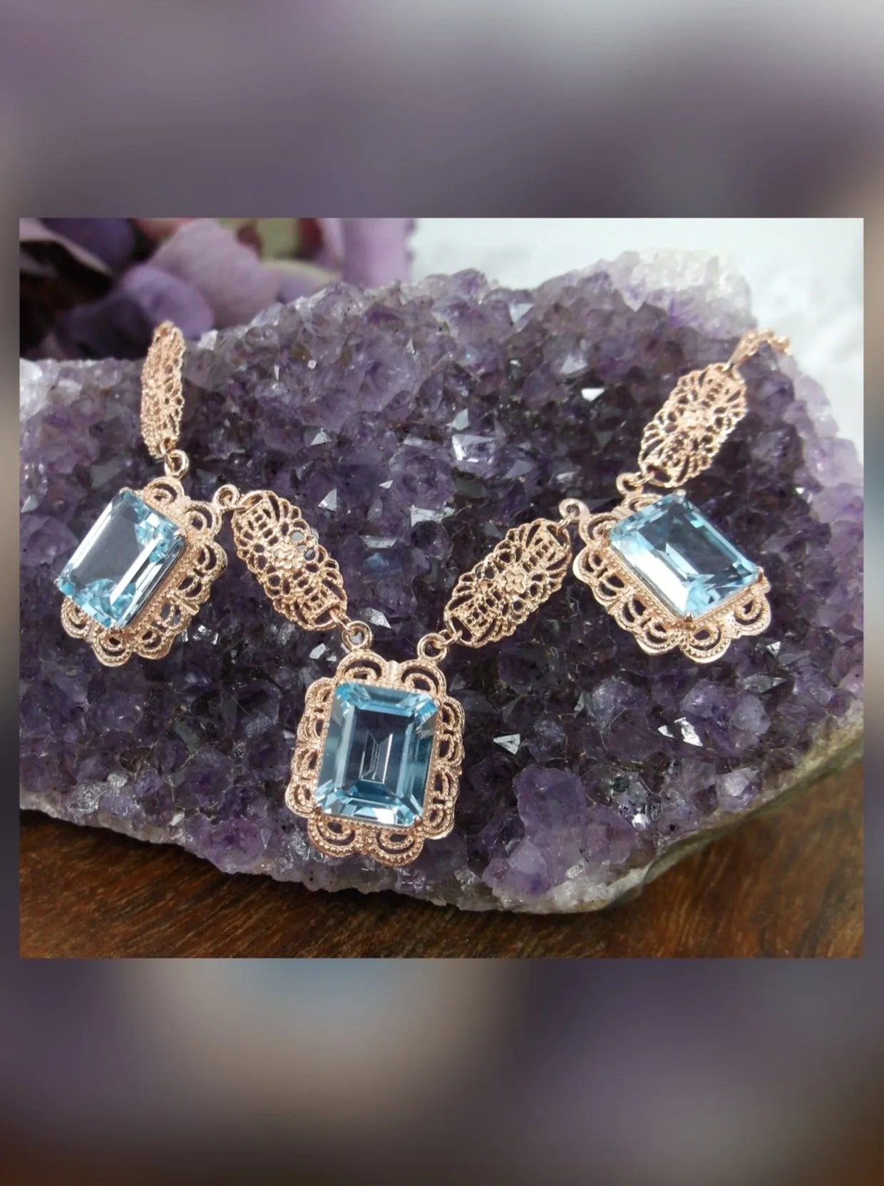 Natural Blue Topaz Festoon Necklace, Rose Gold plated Triple Gem Antique Style, Vintage Jewelry, P8