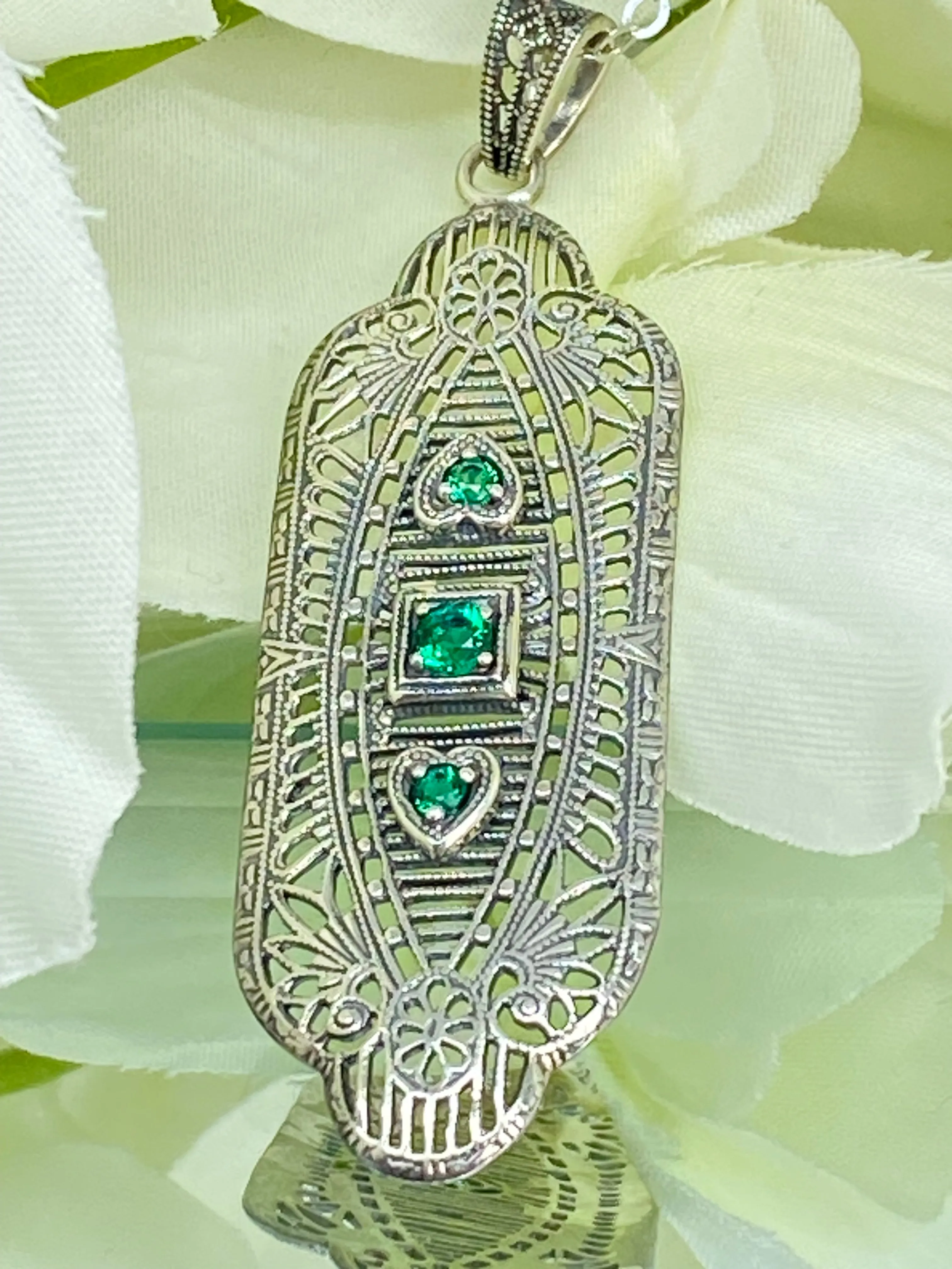 Natural Emerald Angel Wing Pendant Necklace, Vintage Revival Jewelry #P359
