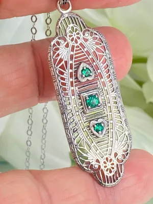 Natural Emerald Angel Wing Pendant Necklace, Vintage Revival Jewelry #P359