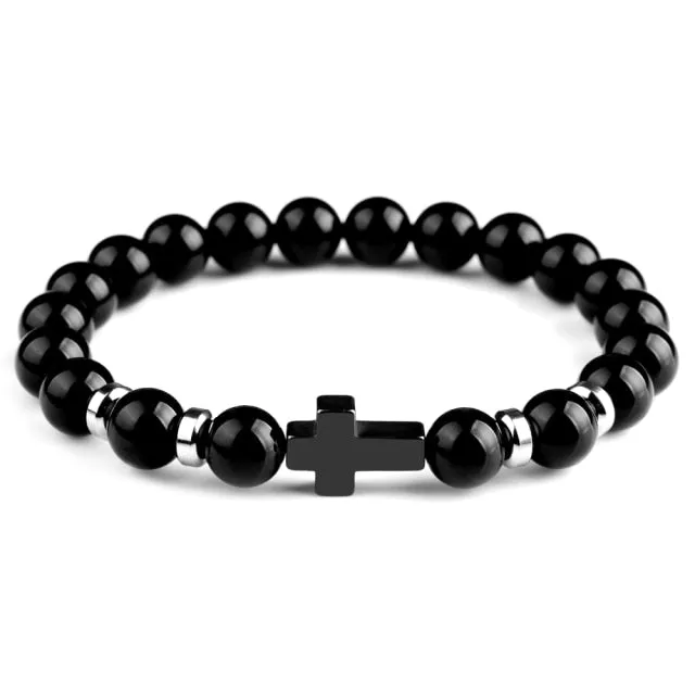 Natural Stone Hematite Stainless Steel Cross Bracelets Elastic Rope Map Lava Bead Bracelet For Men Women Charm Jewelry