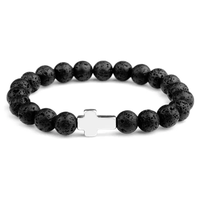 Natural Stone Hematite Stainless Steel Cross Bracelets Elastic Rope Map Lava Bead Bracelet For Men Women Charm Jewelry