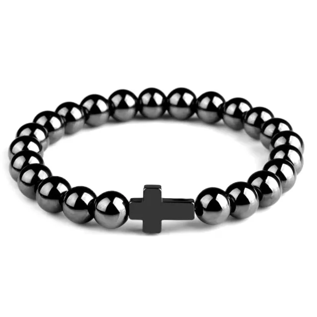Natural Stone Hematite Stainless Steel Cross Bracelets Elastic Rope Map Lava Bead Bracelet For Men Women Charm Jewelry