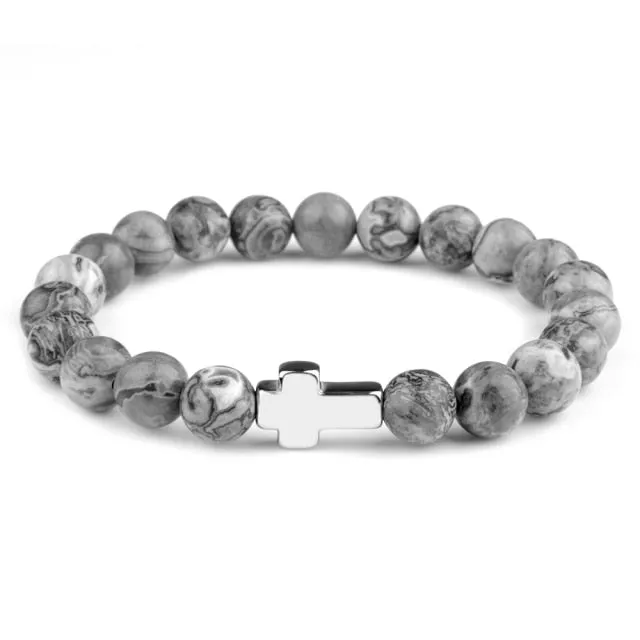 Natural Stone Hematite Stainless Steel Cross Bracelets Elastic Rope Map Lava Bead Bracelet For Men Women Charm Jewelry
