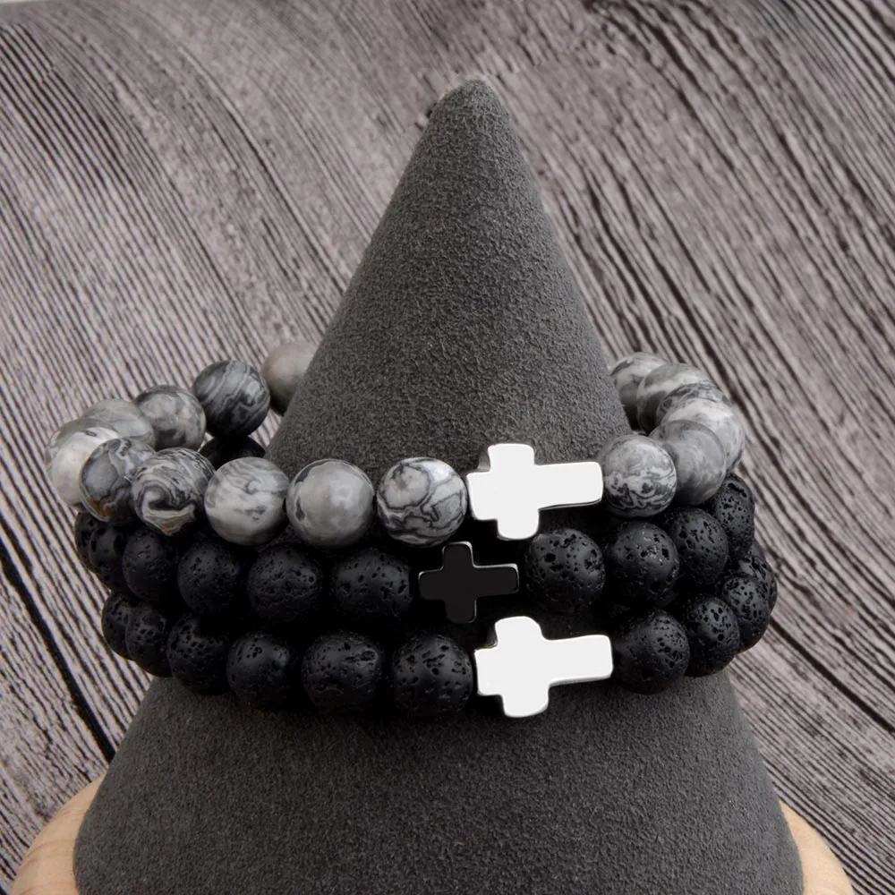 Natural Stone Hematite Stainless Steel Cross Bracelets Elastic Rope Map Lava Bead Bracelet For Men Women Charm Jewelry