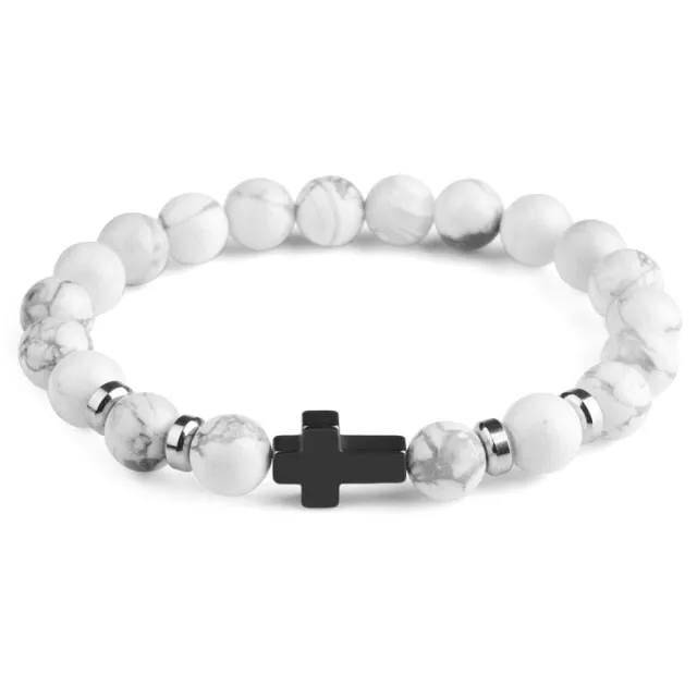 Natural Stone Hematite Stainless Steel Cross Bracelets Elastic Rope Map Lava Bead Bracelet For Men Women Charm Jewelry