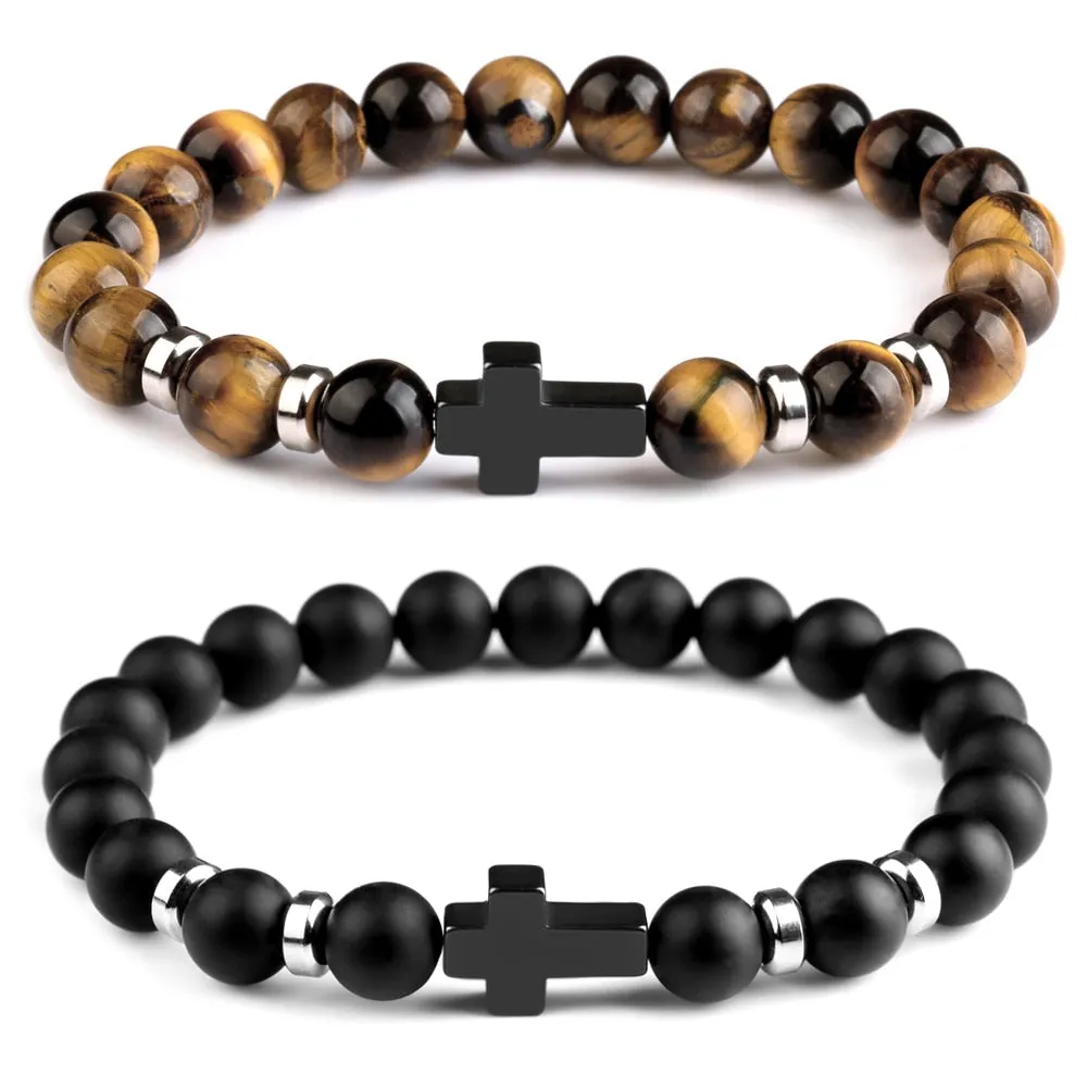 Natural Stone Hematite Stainless Steel Cross Bracelets Elastic Rope Map Lava Bead Bracelet For Men Women Charm Jewelry