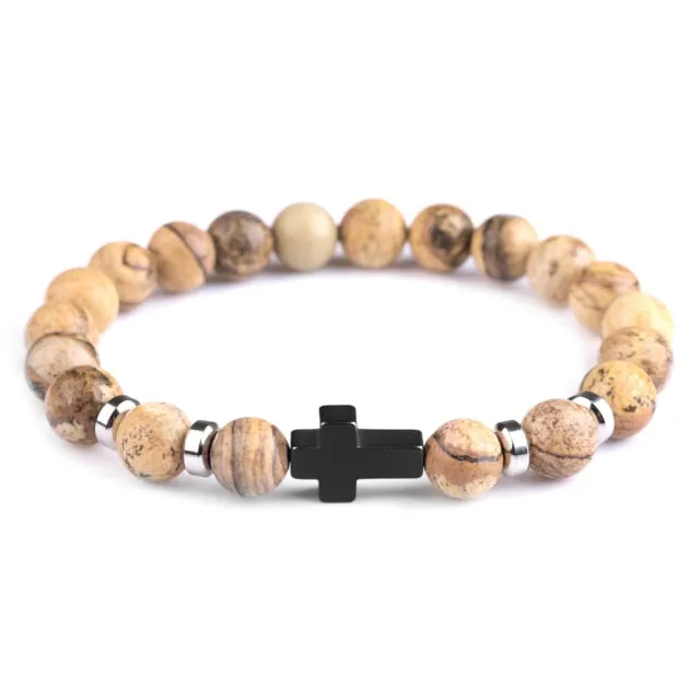Natural Stone Hematite Stainless Steel Cross Bracelets Elastic Rope Map Lava Bead Bracelet For Men Women Charm Jewelry