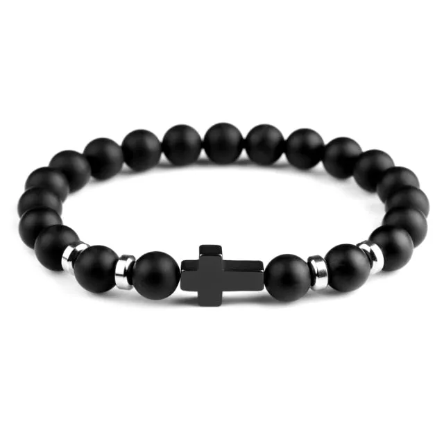 Natural Stone Hematite Stainless Steel Cross Bracelets Elastic Rope Map Lava Bead Bracelet For Men Women Charm Jewelry