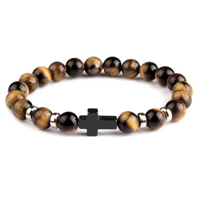 Natural Stone Hematite Stainless Steel Cross Bracelets Elastic Rope Map Lava Bead Bracelet For Men Women Charm Jewelry