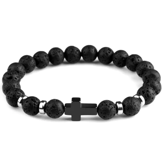 Natural Stone Hematite Stainless Steel Cross Bracelets Elastic Rope Map Lava Bead Bracelet For Men Women Charm Jewelry
