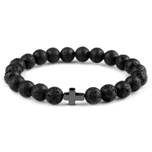 Natural Stone Hematite Stainless Steel Cross Bracelets Elastic Rope Map Lava Bead Bracelet For Men Women Charm Jewelry