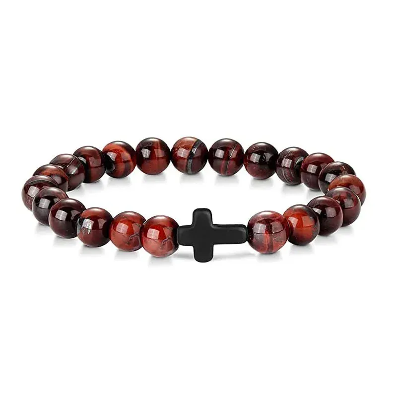 Natural Stone Wood Beads Cross Bracelet