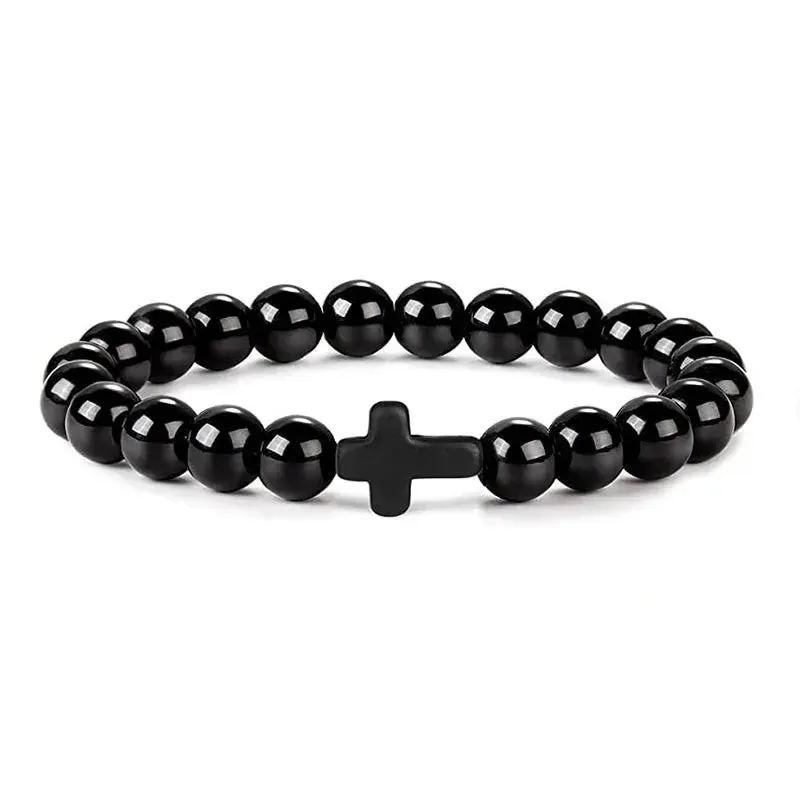 Natural Stone Wood Beads Cross Bracelet