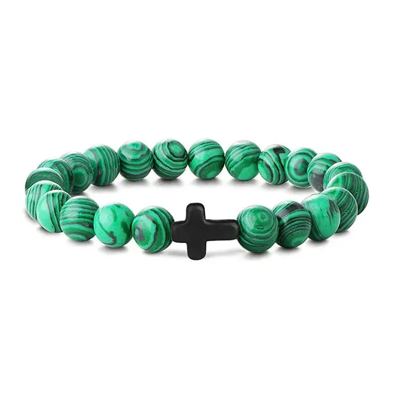 Natural Stone Wood Beads Cross Bracelet