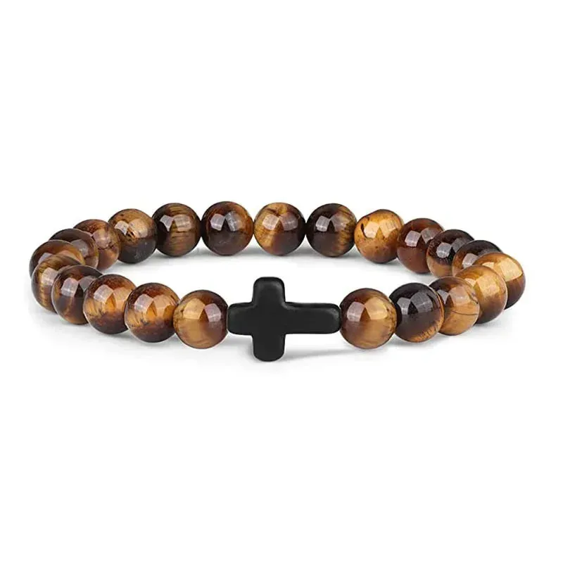 Natural Stone Wood Beads Cross Bracelet