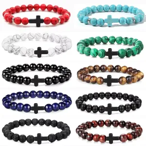 Natural Stone Wood Beads Cross Bracelet