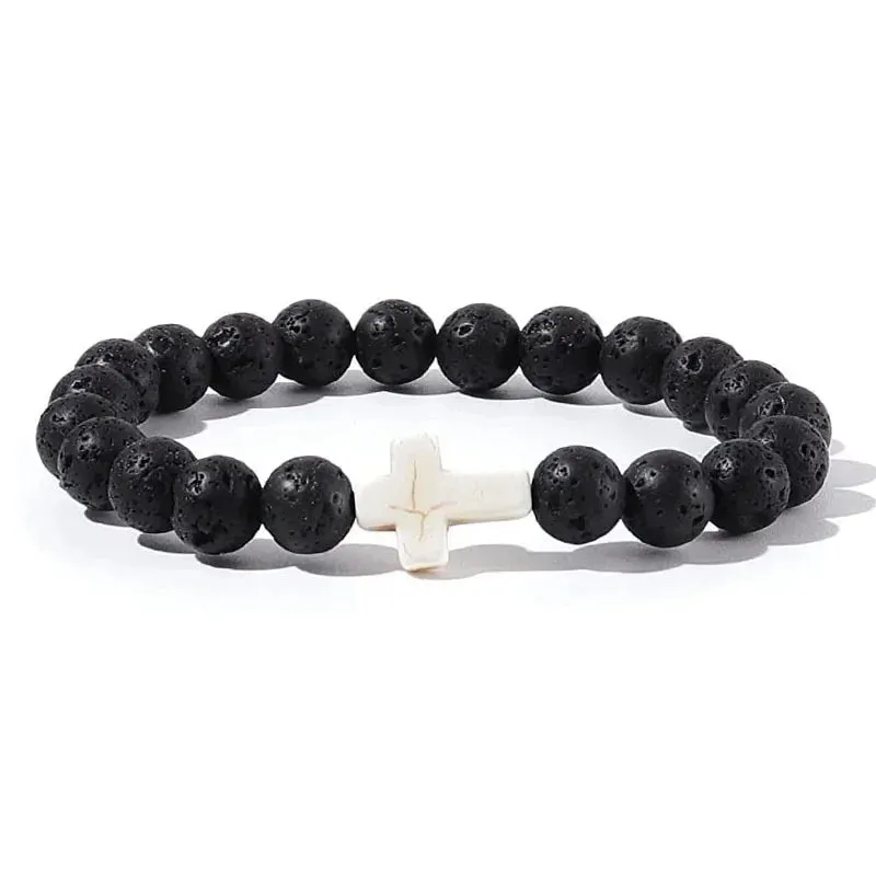 Natural Stone Wood Beads Cross Bracelet