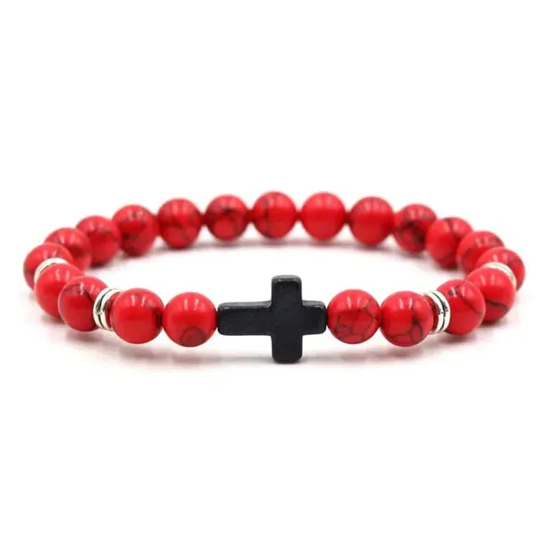 Natural Stone Wood Beads Cross Bracelet