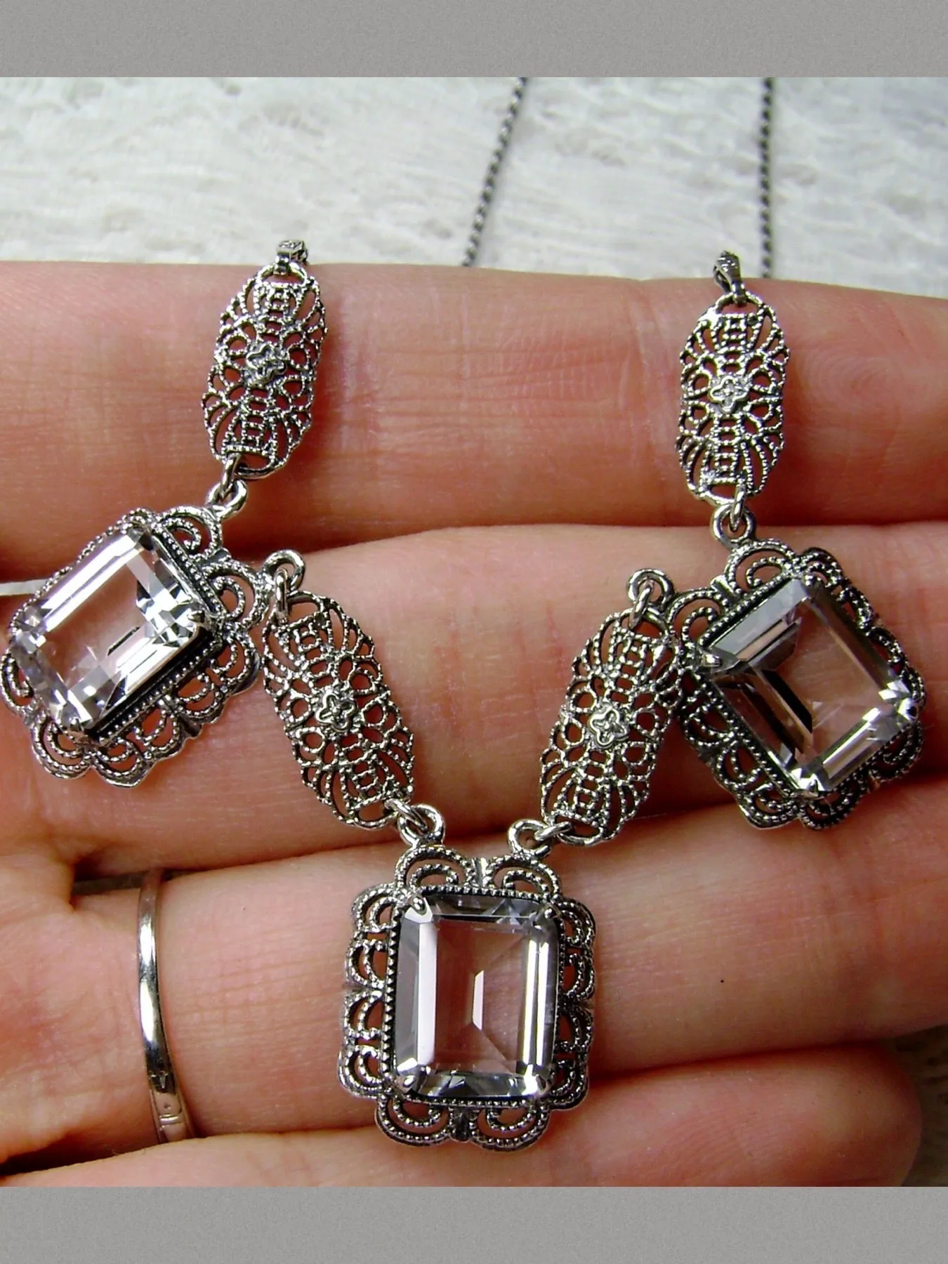 Natural White Topaz Festoon Necklace, Triple Gem Antique Style, Vintage Jewelry, P8