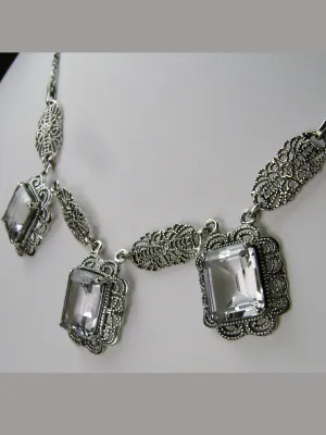 Natural White Topaz Festoon Necklace, Triple Gem Antique Style, Vintage Jewelry, P8