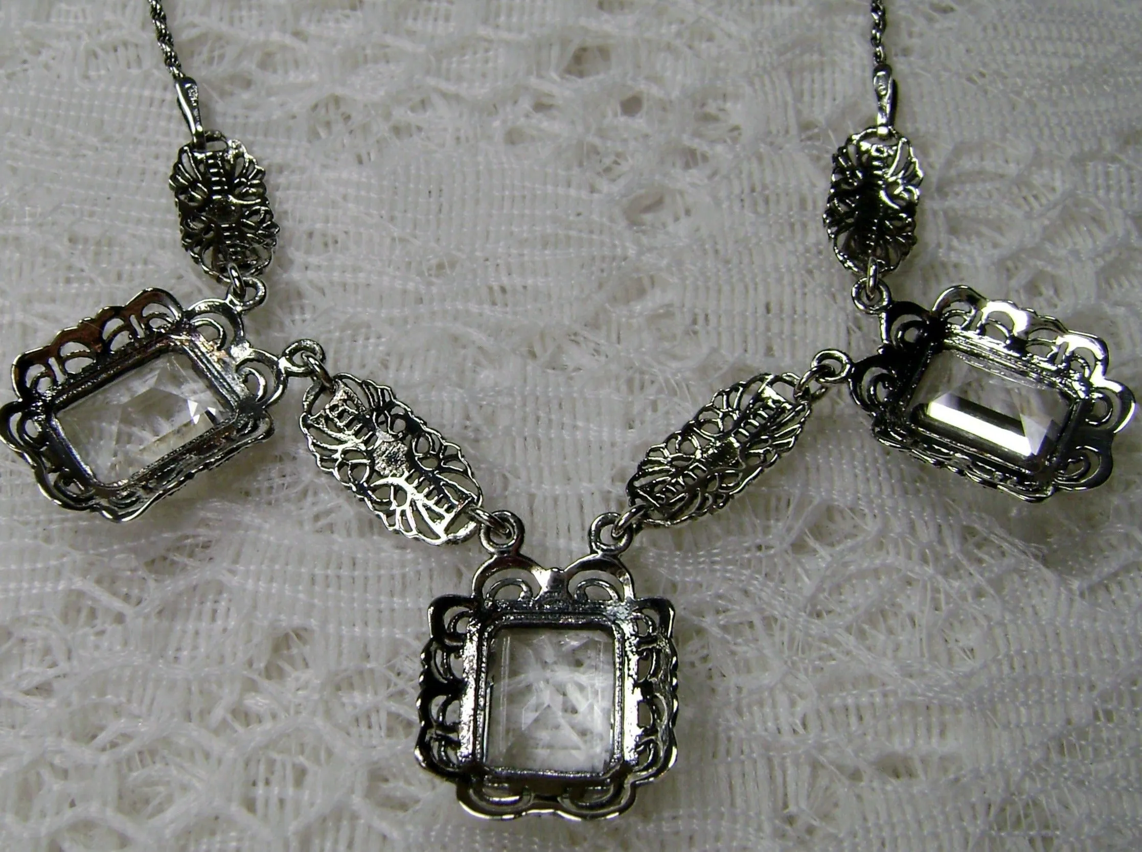 Natural White Topaz Festoon Necklace, Triple Gem Antique Style, Vintage Jewelry, P8
