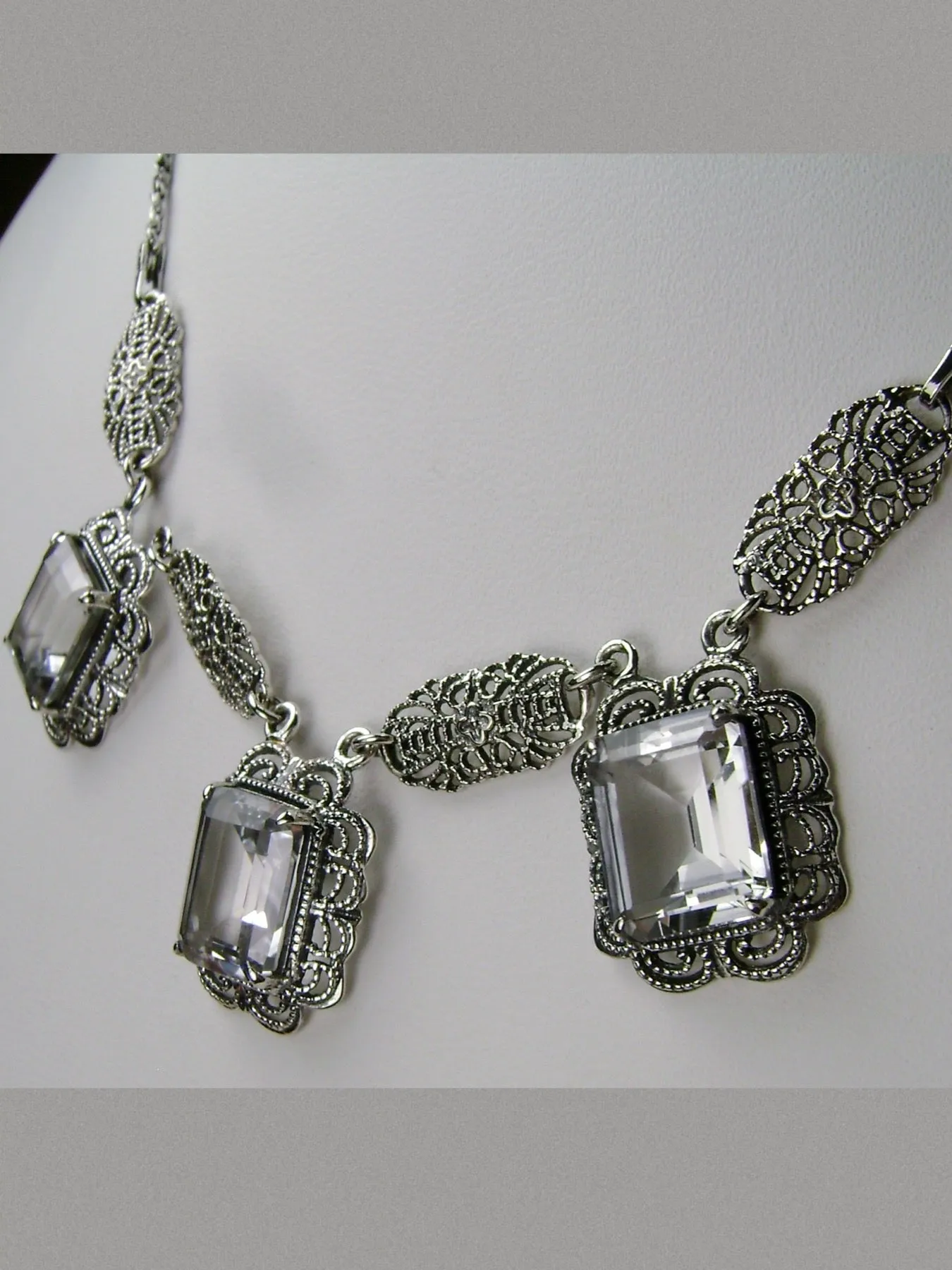 Natural White Topaz Festoon Necklace, Triple Gem Antique Style, Vintage Jewelry, P8