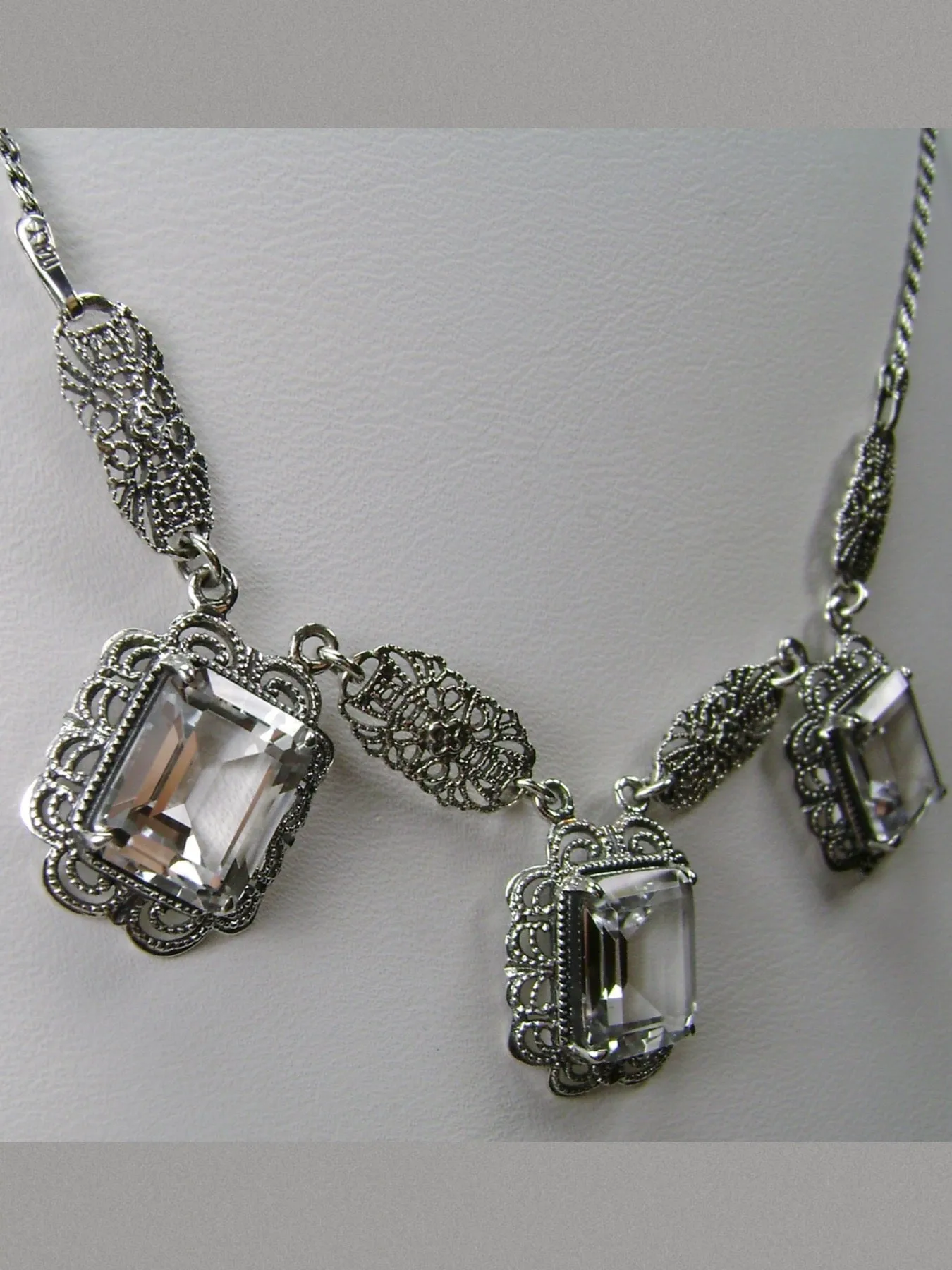 Natural White Topaz Festoon Necklace, Triple Gem Antique Style, Vintage Jewelry, P8