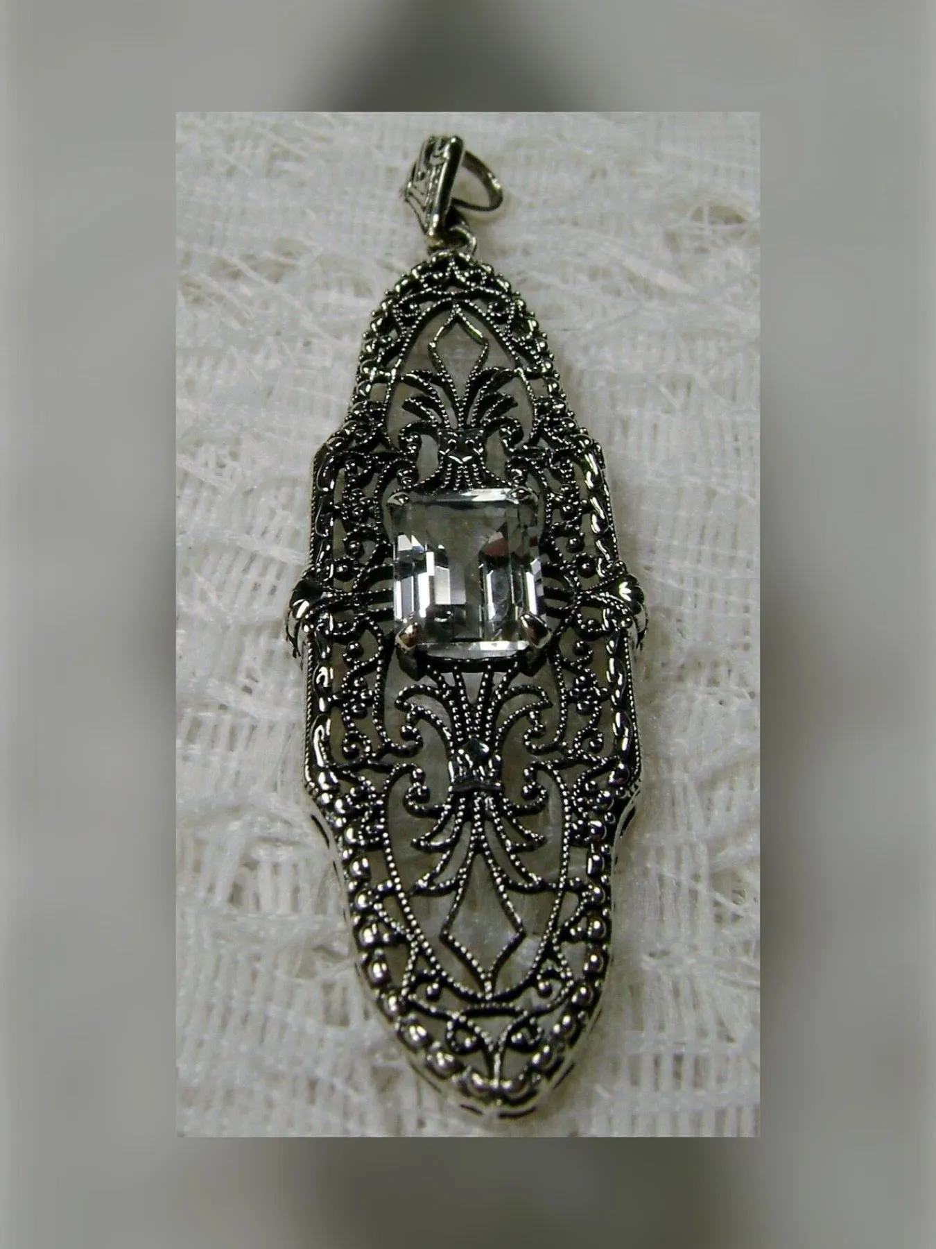 Natural White Topaz Pineapple Pendant, Rectangle Gemstone, Antique Vintage Jewelry, #P3