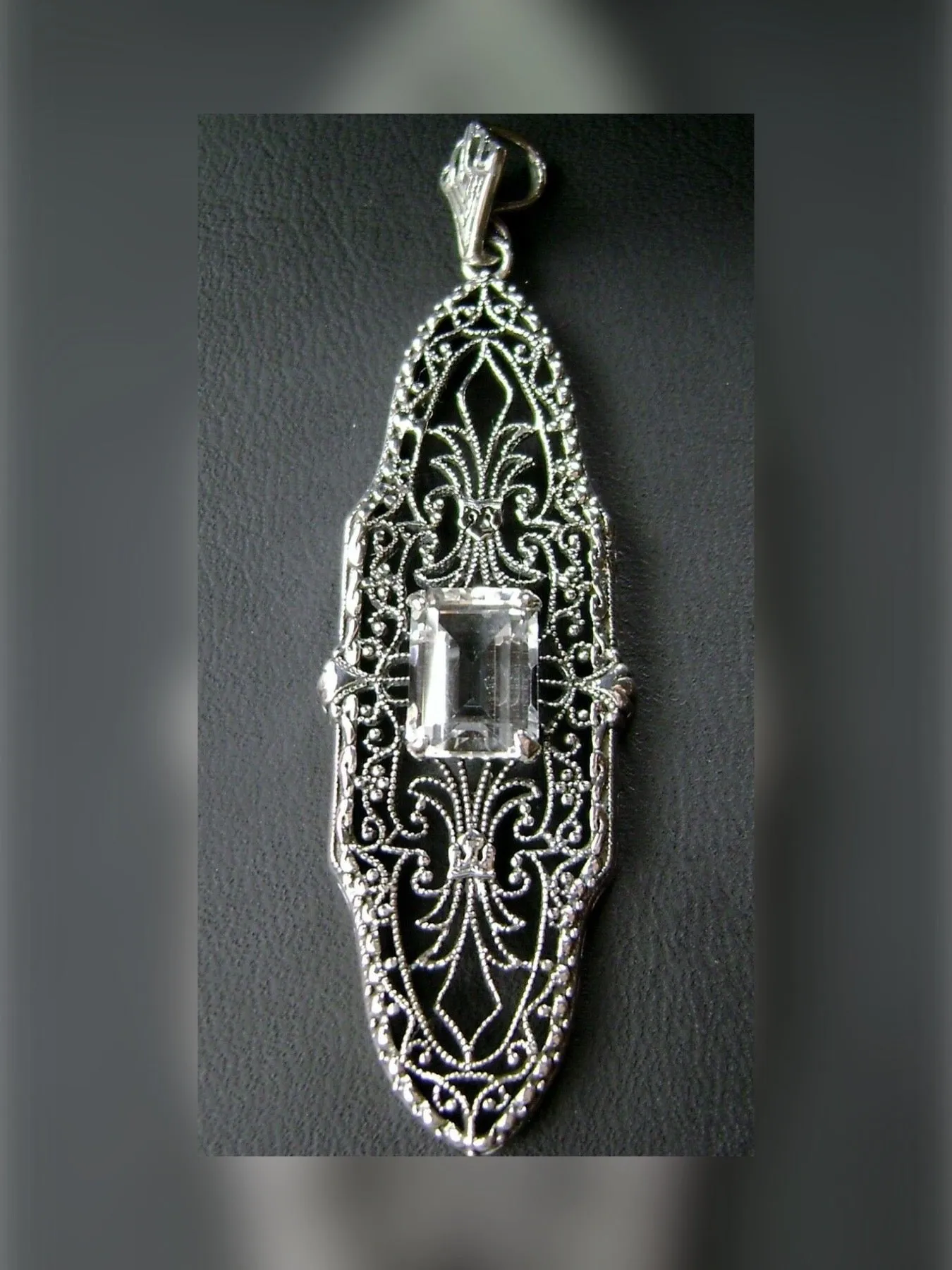 Natural White Topaz Pineapple Pendant, Rectangle Gemstone, Antique Vintage Jewelry, #P3